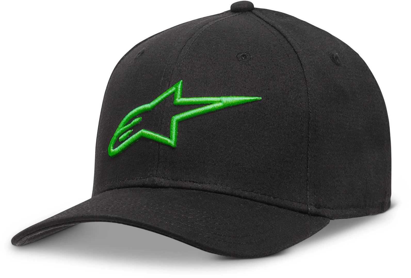 Black cap with a structured design, featuring a prominent green Alpinestars logo embroidered on the front, made from durable fabric, suitable for casual wear.
