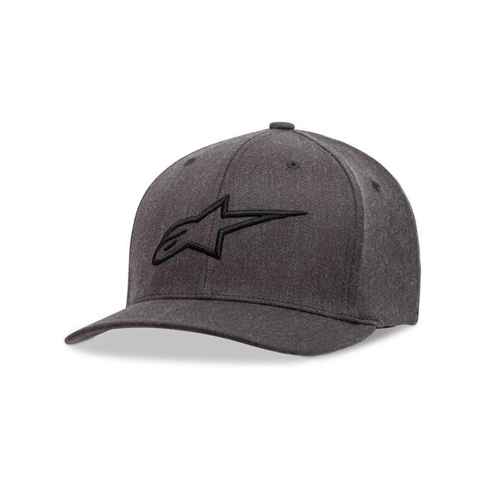 Black-grey Alpinestars Ageless Cap featuring a structured design, curved brim, and a prominent black logo on the front, made from durable fabric, available in size S/M for men.