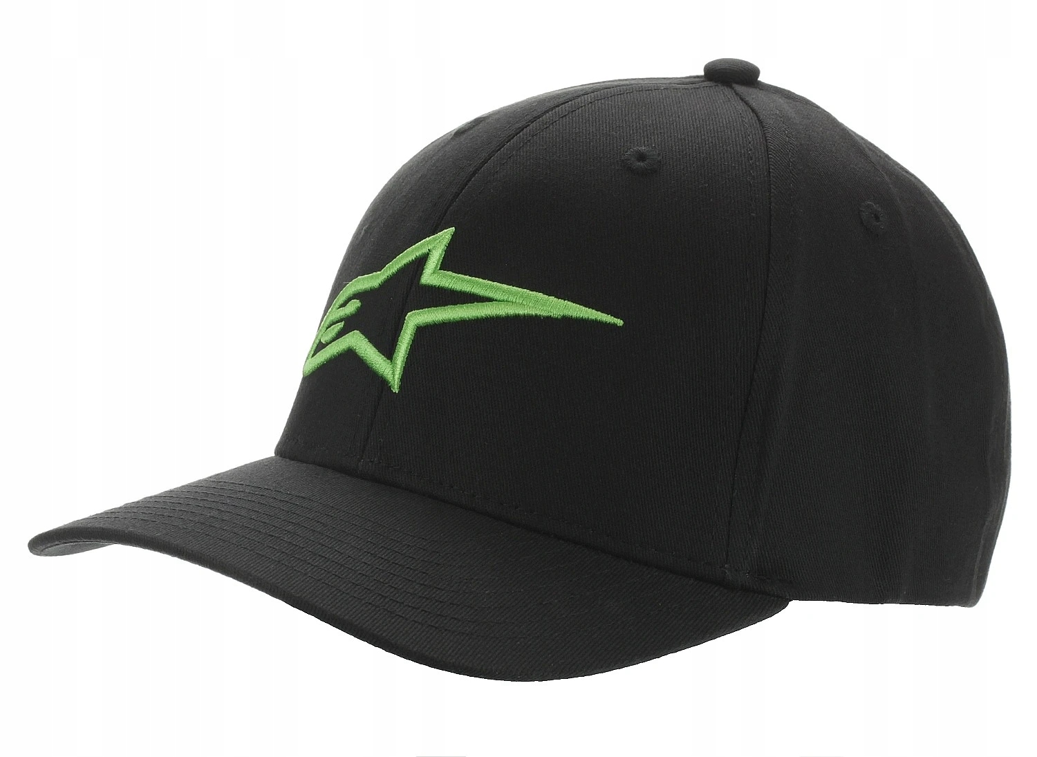 Black cap featuring a green embroidered Alpinestars logo on the front, made from durable fabric with a curved brim and six-panel construction.