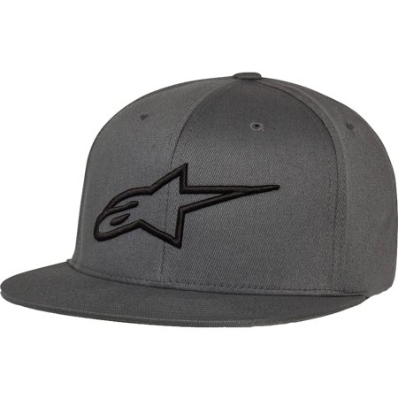 Charcoal grey flatbill hat with a black embroidered Alpinestars logo on the front, made from flexible material, designed for a comfortable fit in size LG/XL.