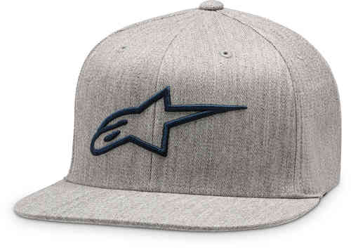 Grey heather flat cap featuring a navy blue embroidered Alpinestars logo, structured crown, and a flat brim, designed for a stylish and casual look.