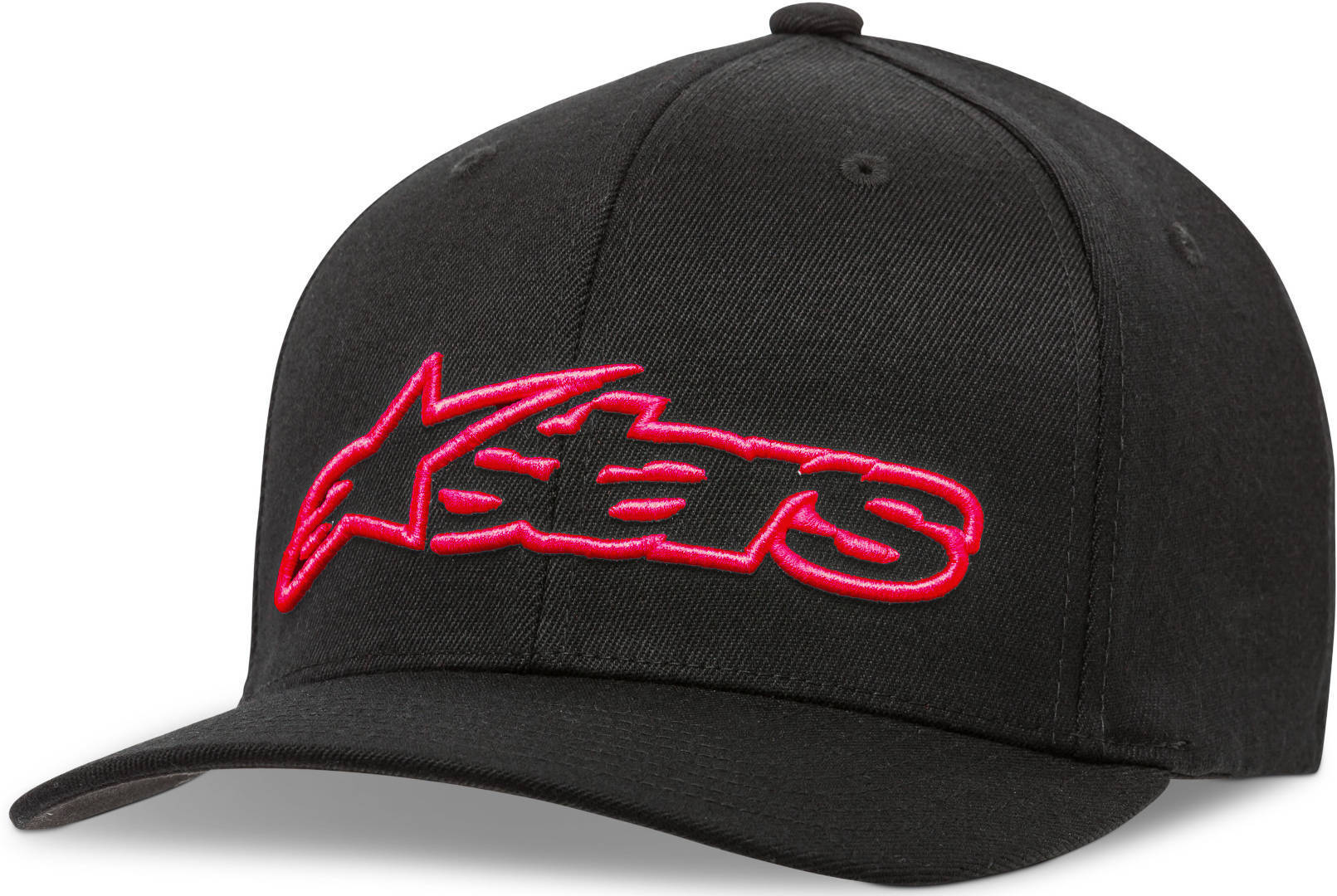 Black Flexfit cap featuring a prominent red embroidered "Alpinestars" logo on the front, with a curved brim and a snug fit for sizes S/M.