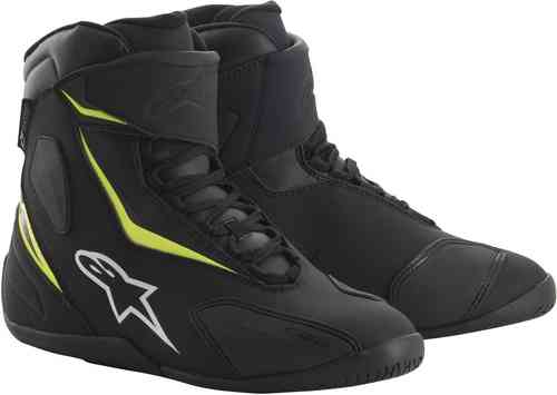 Black and yellow fluo Alpinestars Fastback 2 Drystar CE motorcycle boots featuring a sleek design, lace-up front, and padded ankle support, size US 8.5/EU 41.