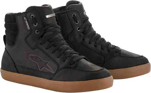 Black and brown waterproof Alpinestars J-6 shoes, featuring a high-top design, lace-up front, and a rubber sole, size 6 US.