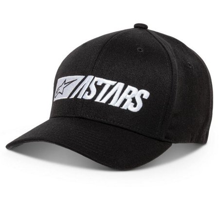 Black Flexfit hat featuring a white embroidered "Alpinestars" logo on the front, made from durable fabric with a classic curved brim design.
