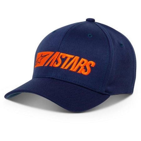Navy blue Flexfit hat featuring an orange embroidered "Alpinestars" logo on the front, made from durable fabric with a structured design and curved brim.