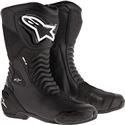 Black motorcycle racing boots with a sleek design, featuring a zip closure, textured panels, and the Alpinestars logo in white on the side.