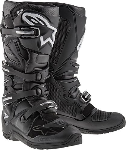 Black Alpinestars Tech 7 Enduro motocross boots featuring multiple adjustable buckles, textured panels, and a reinforced toe cap, size UK 11 (EU 45.5).