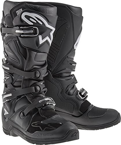 Black Alpinestars Tech 7 Enduro motocross boots featuring multiple adjustable buckles, reinforced toe and heel, and a textured upper for enhanced grip, size UK 12 (EU 47).