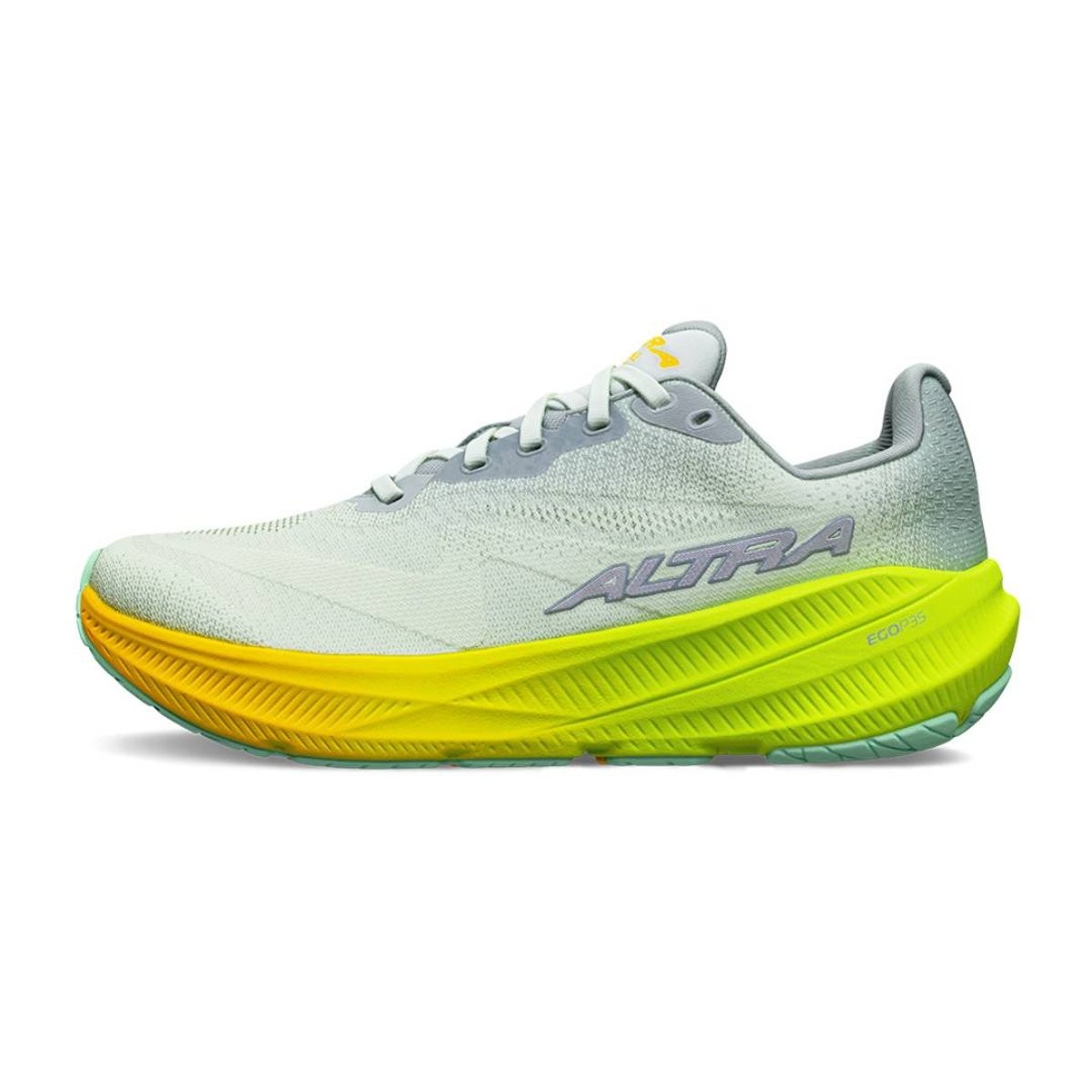 Light gray running shoes with a breathable mesh upper, featuring a bold yellow and green midsole, and "ALTRA" logo prominently displayed on the side.