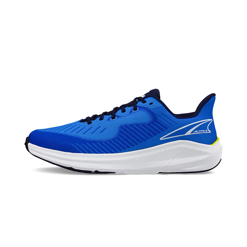 Men's Altra Experience Form running shoes in blue and yellow, featuring a breathable mesh upper, cushioned sole, and a sleek design, size 11.5.
