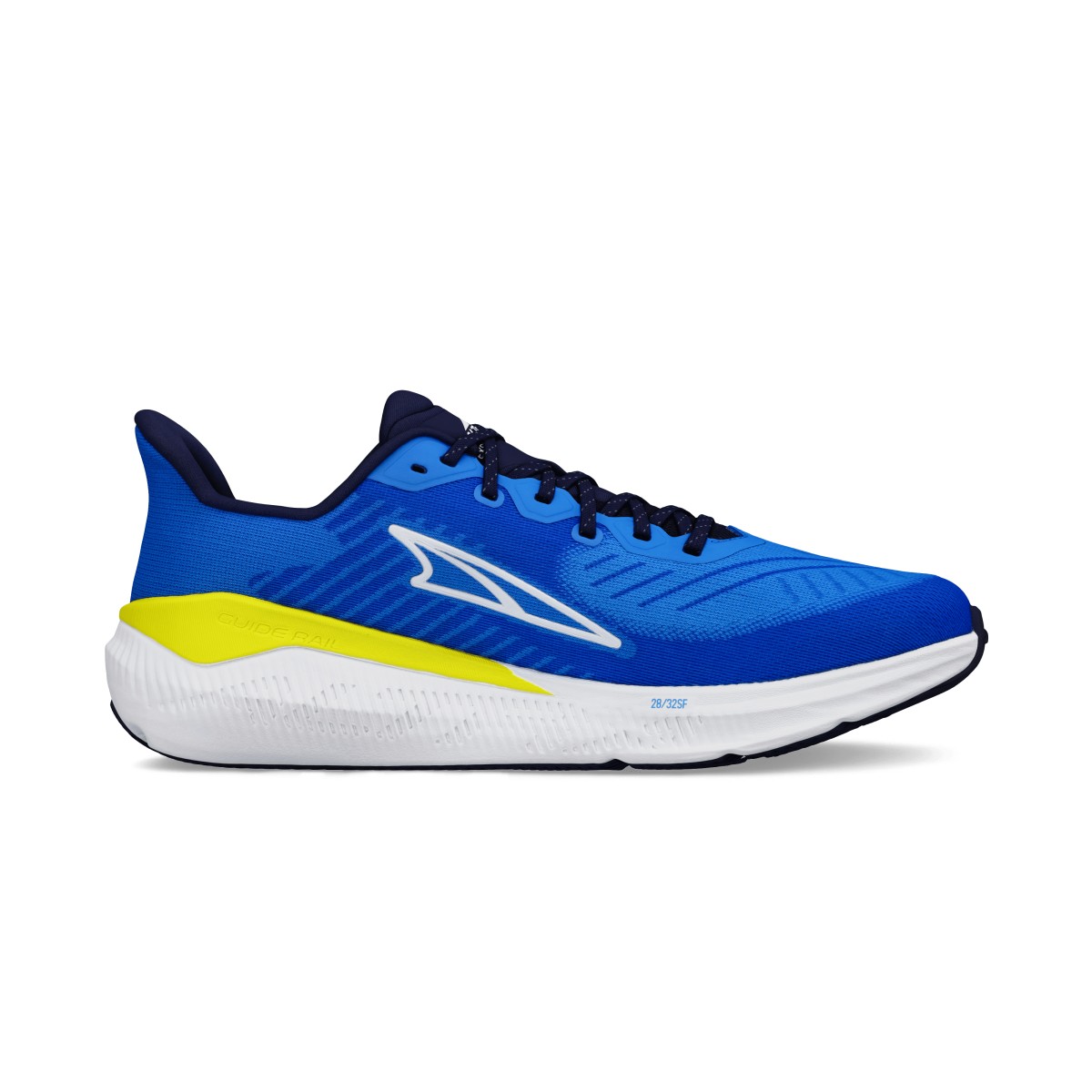 Men's Altra Experience Form shoes in blue and yellow, featuring a breathable mesh upper, cushioned sole, and a sleek design, size 14.