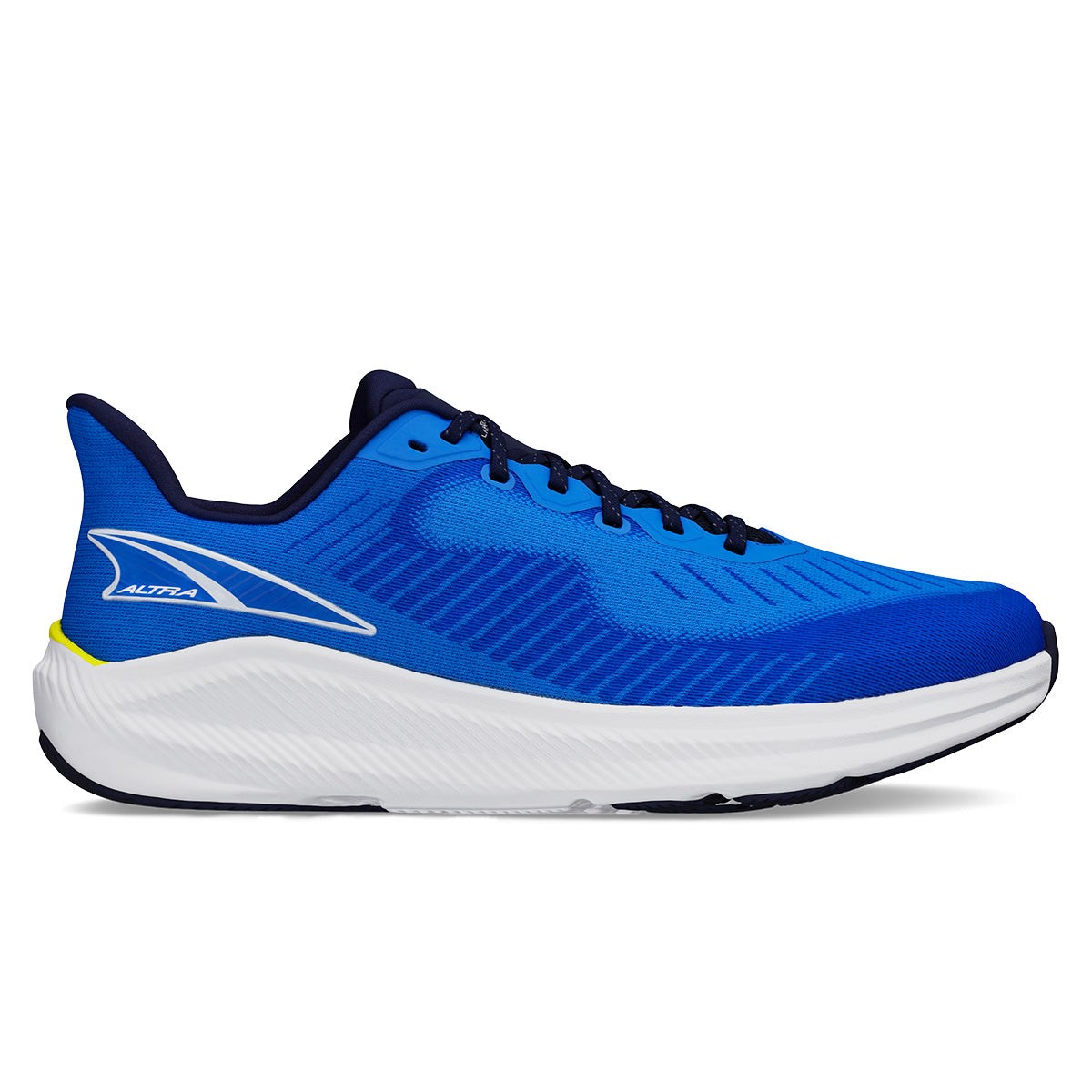 Men's Altra Experience Form shoes in blue and yellow, featuring a breathable mesh upper, cushioned sole, and a sleek design with a prominent logo on the side.
