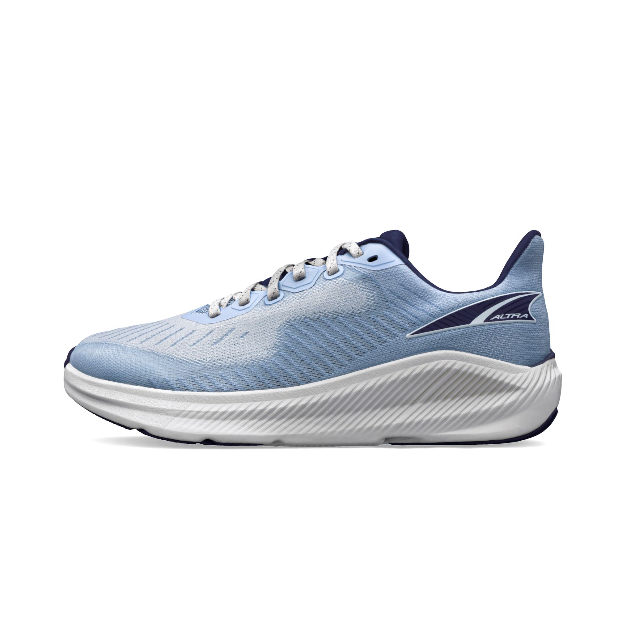 Light blue and gray Altra women's road running shoes featuring a breathable mesh upper, cushioned sole, and a sleek design with a navy accent on the side.