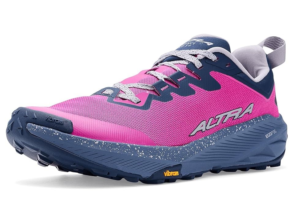 Magenta and navy women's running shoe featuring a textile upper, lightweight design, textured sole, and Altra branding on the side.