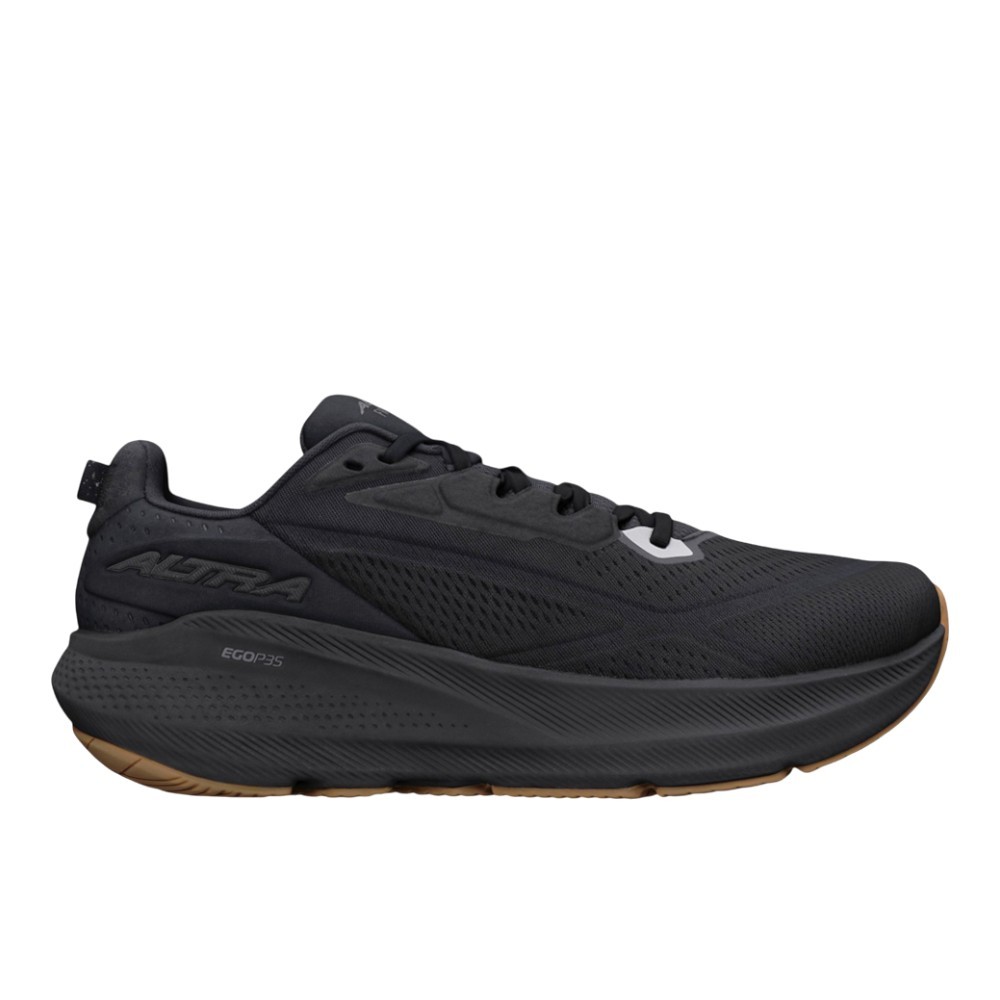 Black synthetic Altra Fwd Via 2 men's shoes with a sleek design, featuring a cushioned sole, textured upper, and subtle branding, size 12.5 D - Medium.