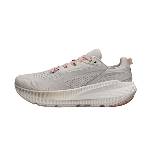 Beige Altra FWD Via 2 women's running shoes feature a lightweight mesh upper, pink accents, and a cushioned sole for enhanced comfort and support.