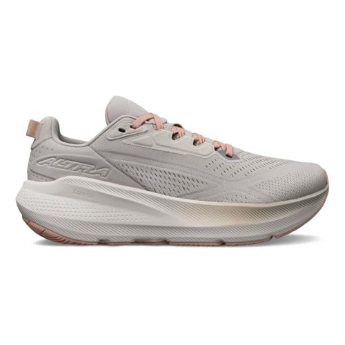 Beige Altra FWD Via 2 women's shoes featuring a breathable mesh upper, cushioned sole, and pink accents on the laces and heel. Size 42.5.