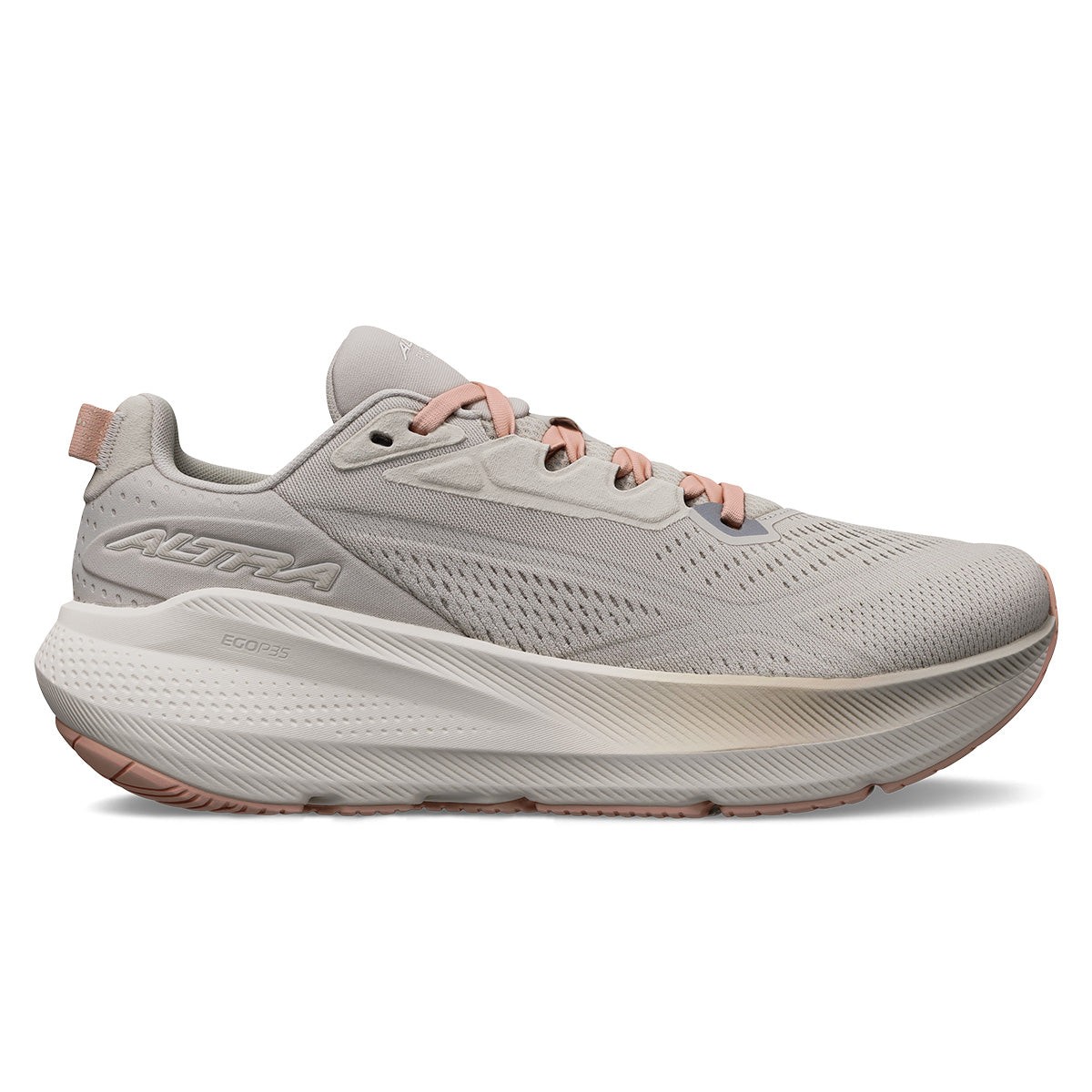 Light tan women's running shoe with a breathable mesh upper, featuring a cushioned sole and pink accents on the laces and heel, size 9.5, by Altra.