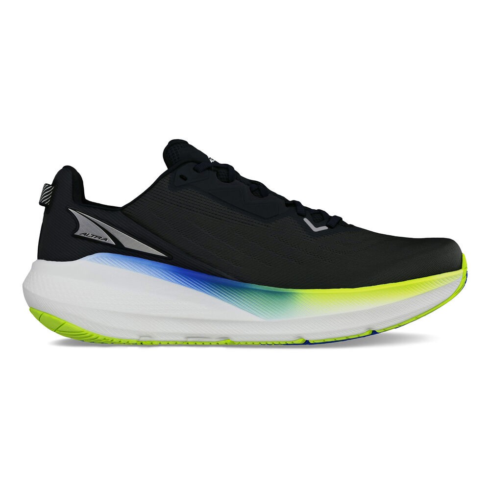 Black and blue Altra FWD Via men's running shoes feature a sleek design, breathable upper, and a vibrant green and blue gradient sole for enhanced performance.