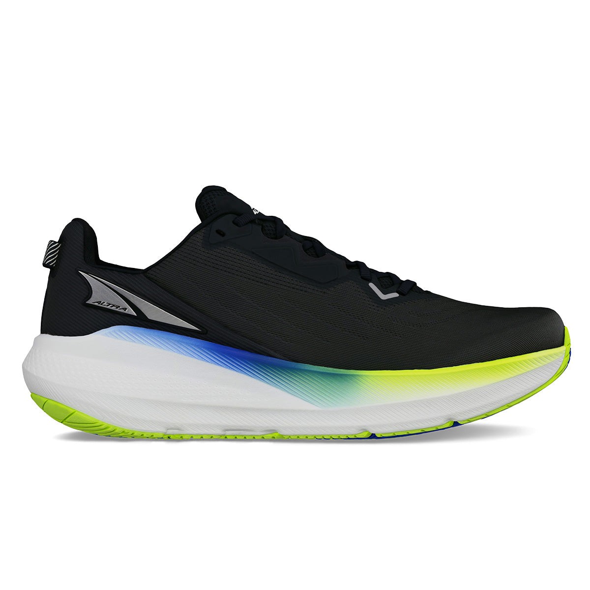 Black and blue Altra FWD Via men's running shoes featuring a sleek design, breathable upper, and a vibrant green and blue gradient outsole.