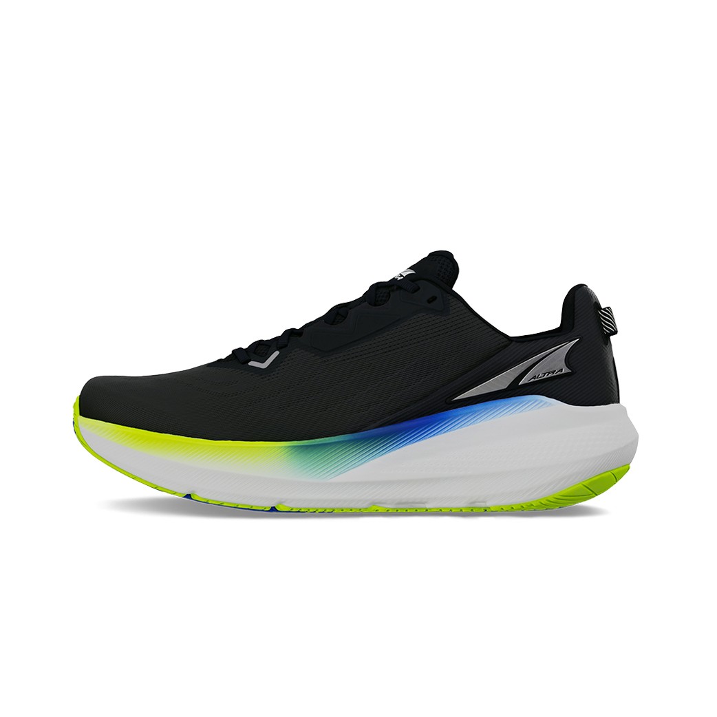 Men's Altra FWD Via running shoe in black and blue, featuring a lightweight mesh upper, cushioned sole, and vibrant green accents on the outsole. Size 7.5.