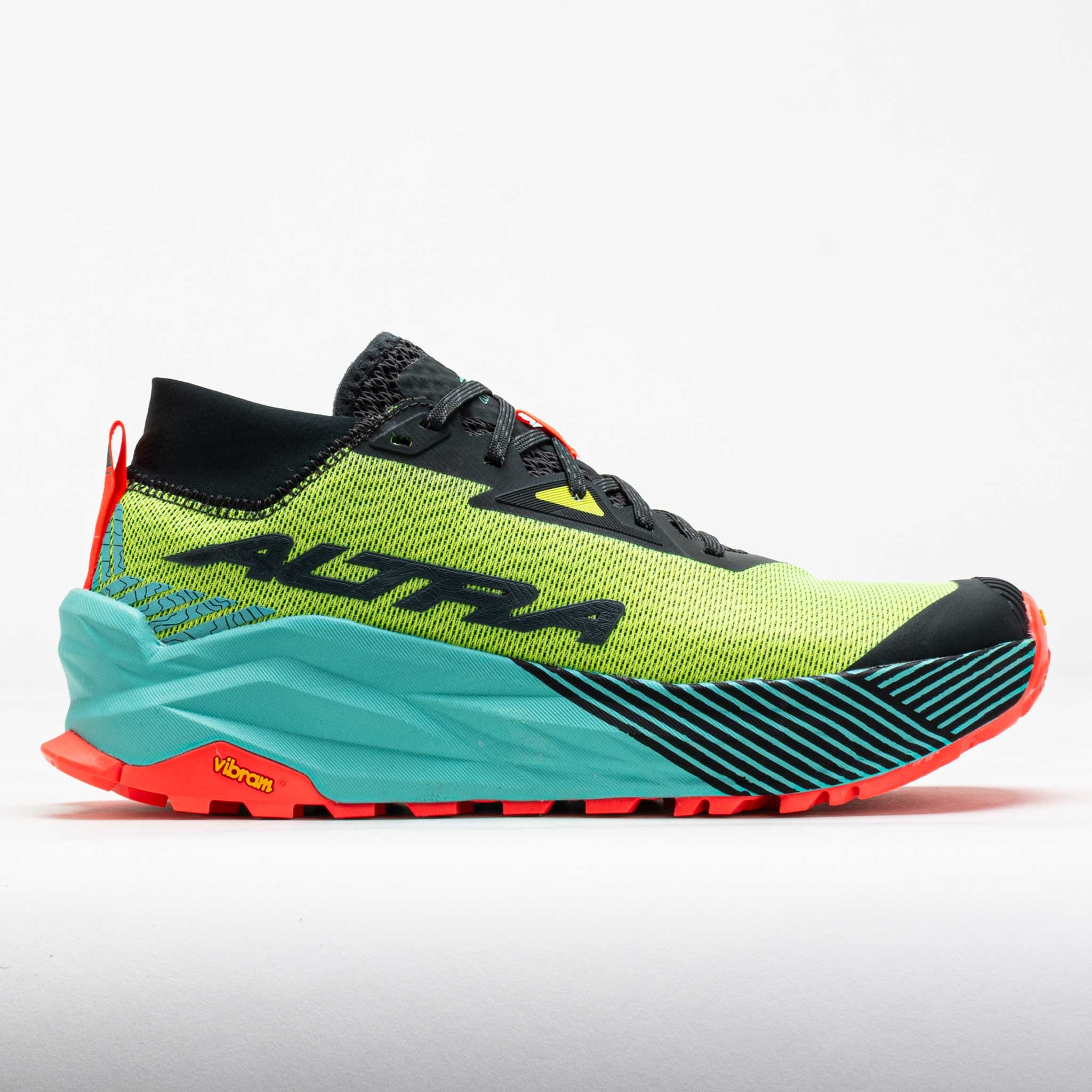 Bright yellow-green trail shoe with black accents, featuring a turquoise sole, red heel tab, and prominent "Altra" logo on the side, designed for rugged terrain.