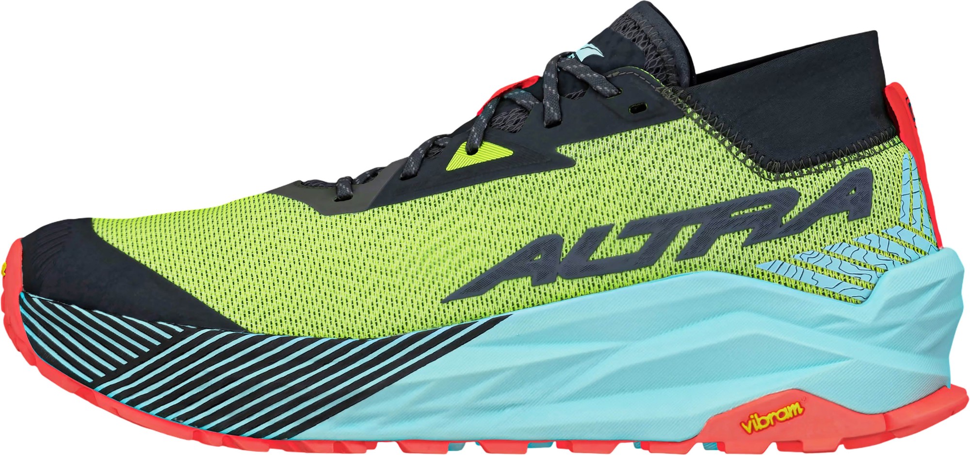 Black and yellow Altra M Olympus 275 men's running shoe featuring a breathable mesh upper, cushioned sole, and Vibram outsole, size 6.5.