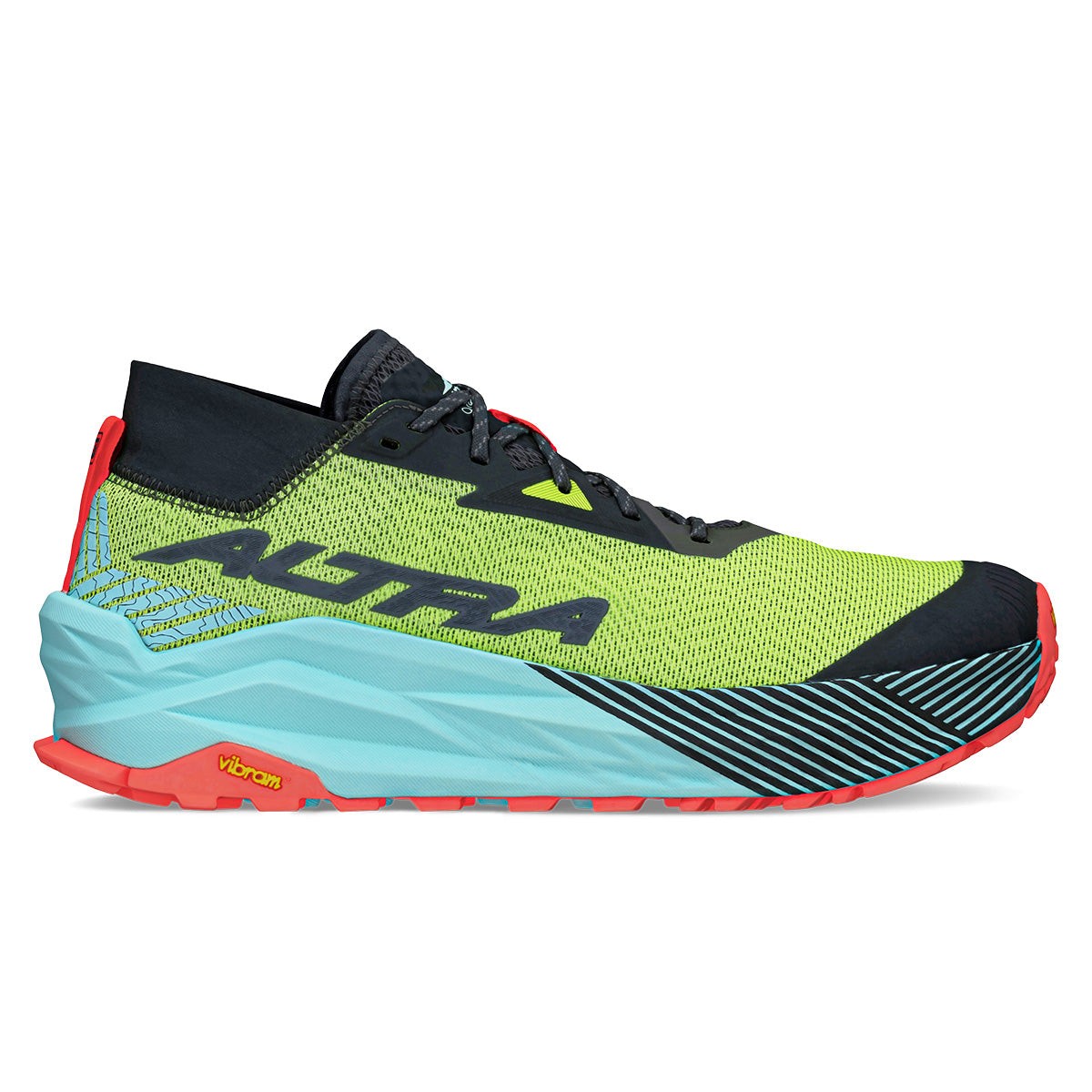 Altra M Olympus 275 men's trail running shoe in black and yellow, featuring a breathable mesh upper, cushioned sole, and Vibram outsole for traction.