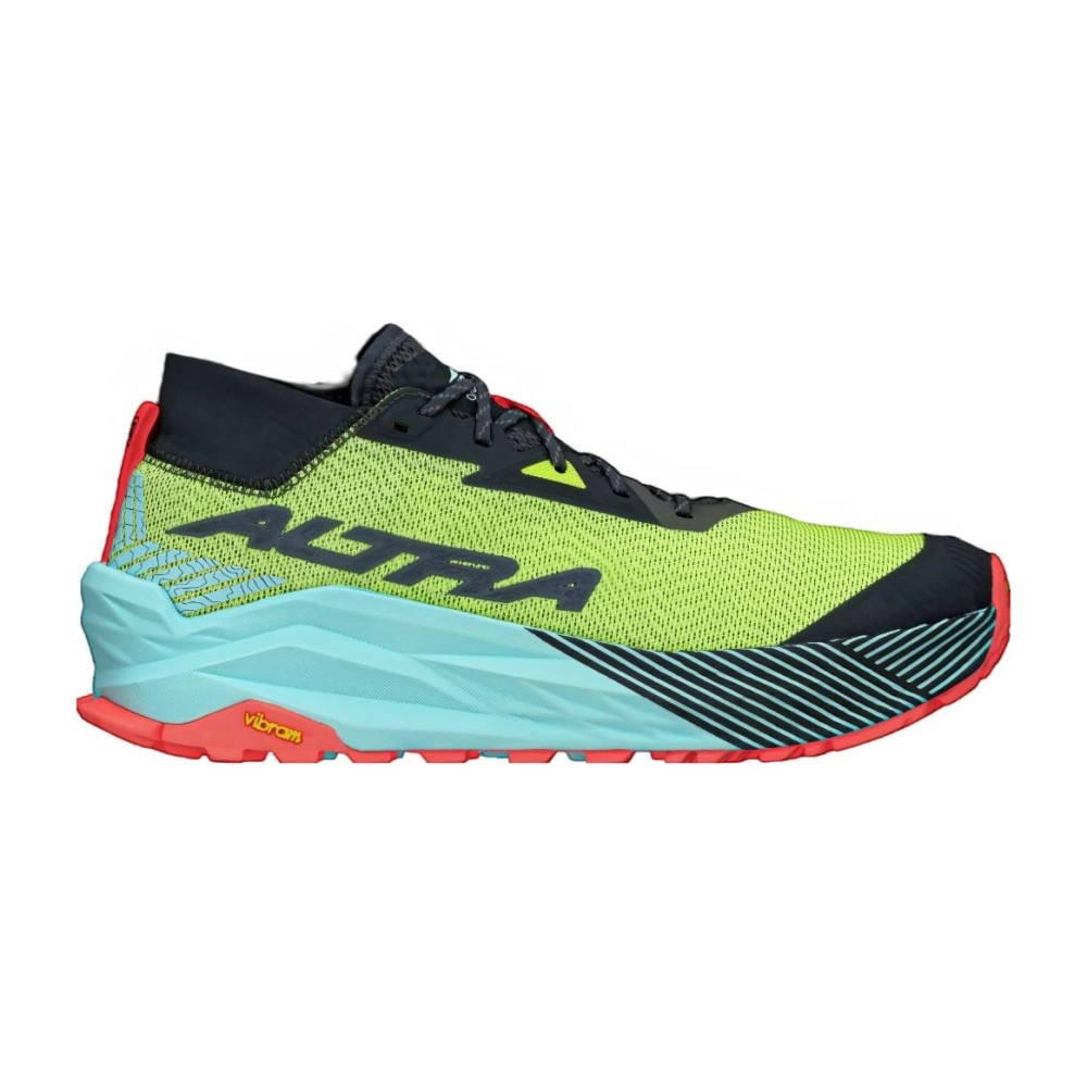 Altra Men's Olympus 275 Trail Shoe features a vibrant yellow-green mesh upper, dark blue accents, a bold logo, and a cushioned sole with red and turquoise details.