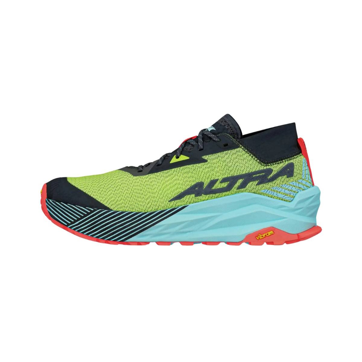 Bright green and navy trail running shoes with a textured mesh upper, prominent "Altra" branding, and a cushioned sole featuring a red and yellow Vibram outsole.