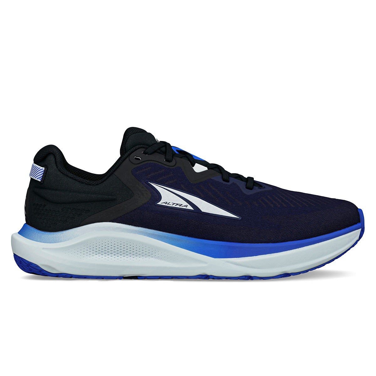 Navy and black men's Altra Paradigm 8 shoes in size 12.5 D, featuring a textile upper, cushioned sole, and a sleek design with a white logo on the side.
