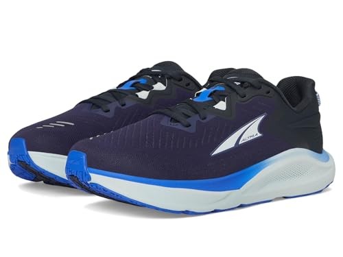 Dark navy and black running shoes with a white and blue sole, featuring a breathable mesh upper, cushioned midsole, and reflective detailing for visibility.