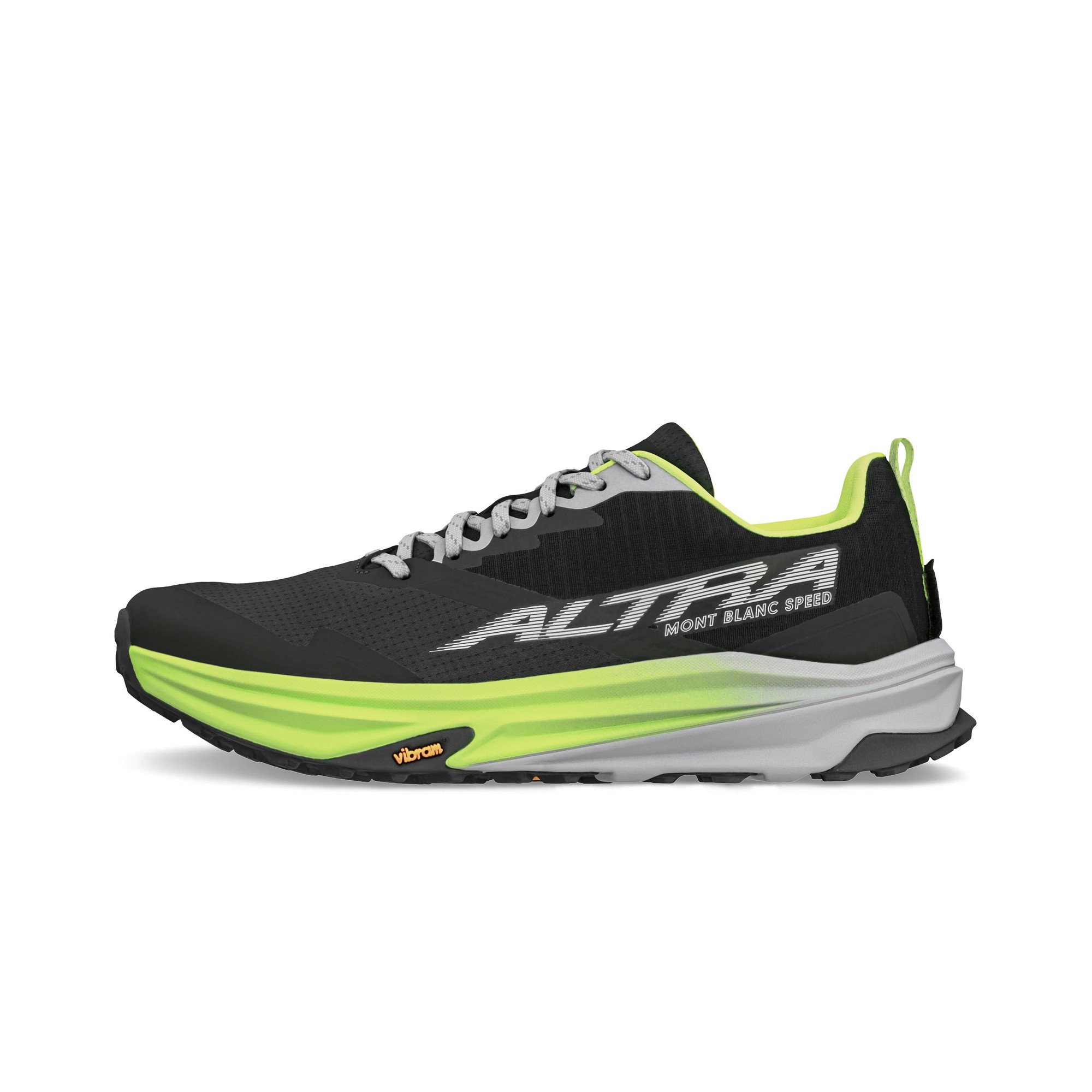 Black and lime Altra Mont Blanc Speed men's running shoes, featuring a breathable mesh upper, cushioned sole, and Vibram outsole for traction, size 11.