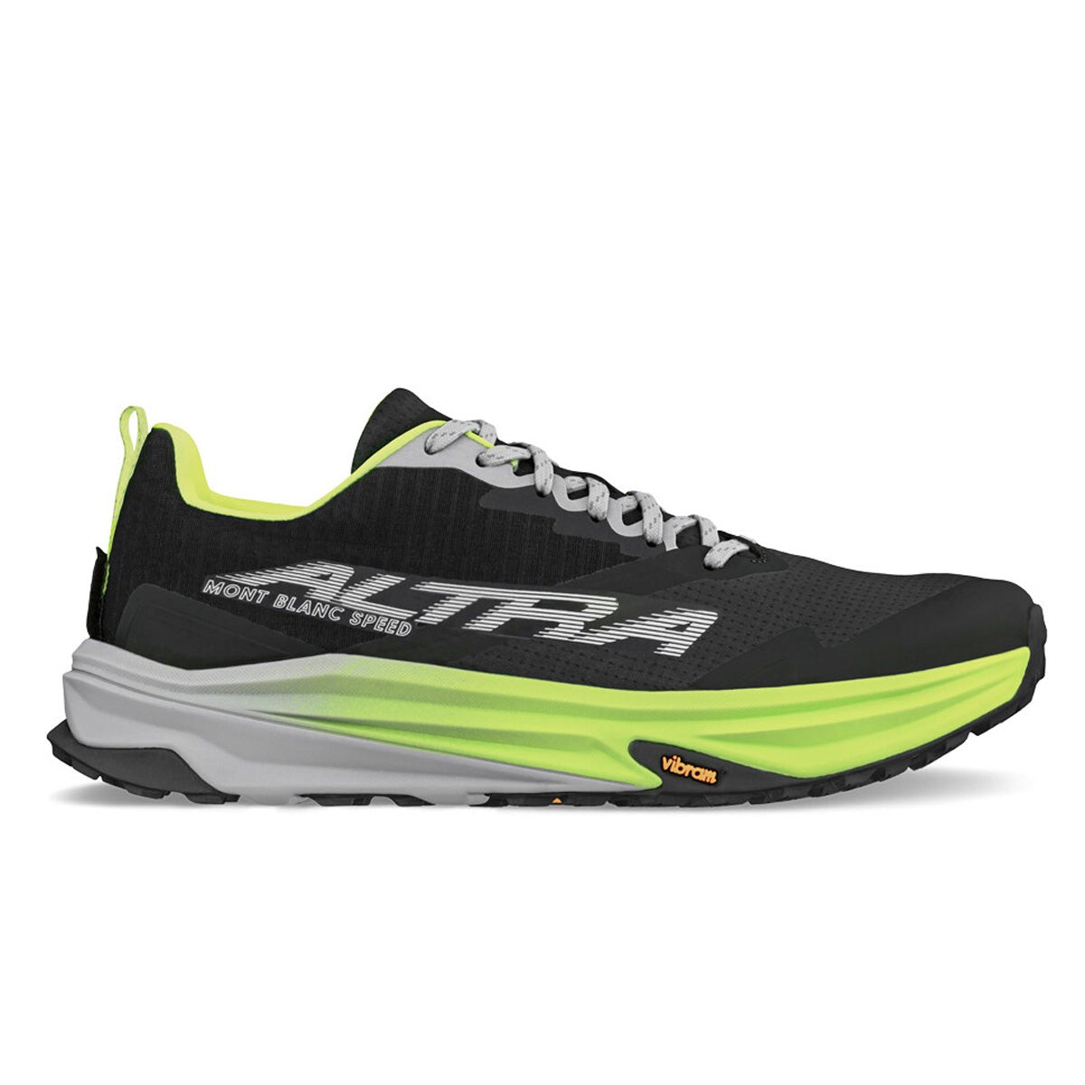Black and lime green Altra Mont Blanc Speed shoes, featuring a breathable mesh upper, cushioned midsole, and Vibram outsole for traction, size 40.5.