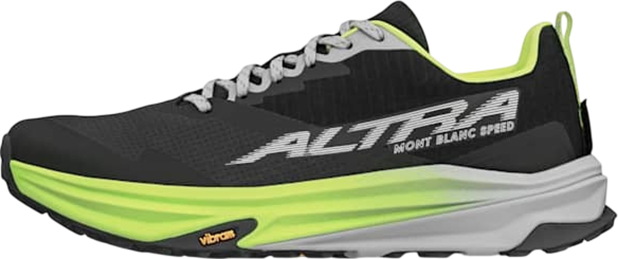 Black and lime green Altra Mont Blanc Speed shoes, featuring a breathable mesh upper, cushioned sole, and Vibram outsole for enhanced traction, size 41.