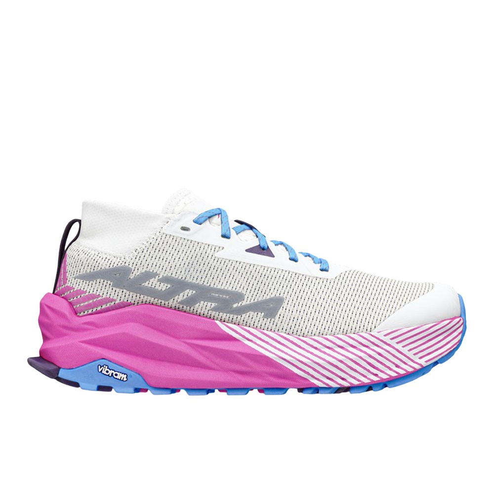 White and pink trail running shoes with a breathable mesh upper, featuring a prominent "Altra" logo, a cushioned sole, and a Vibram outsole for traction.