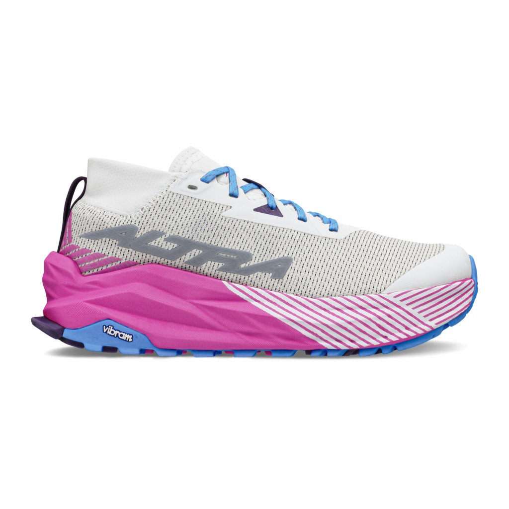Altra Olympus 275 Trail Running Shoes feature a white mesh upper with blue laces, a prominent purple and pink midsole, and a striped design on the outsole for traction.