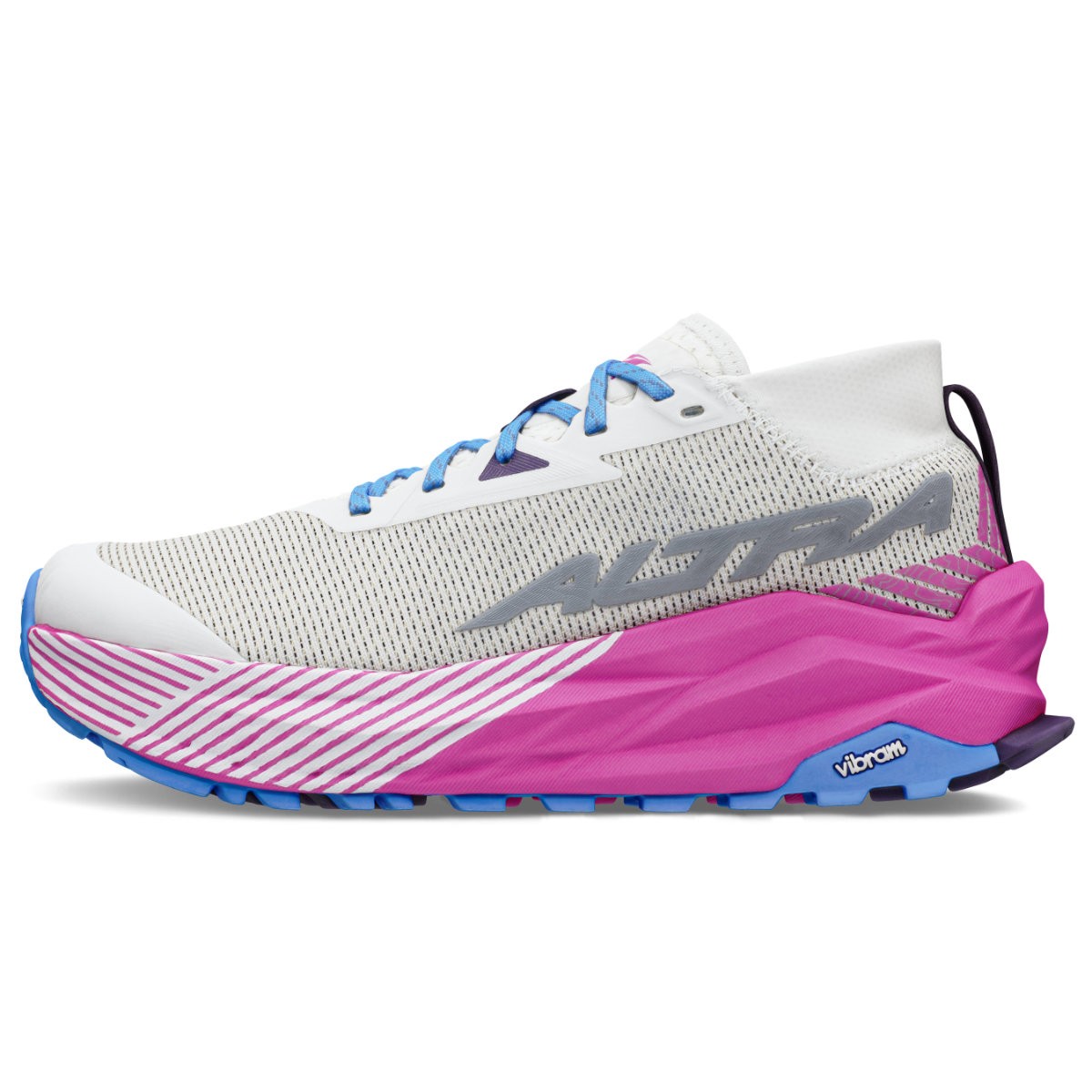 Altra Olympus 275 Trail Running Shoes feature a white mesh upper with blue and pink accents, a thick pink midsole, and a rugged Vibram outsole for enhanced traction.