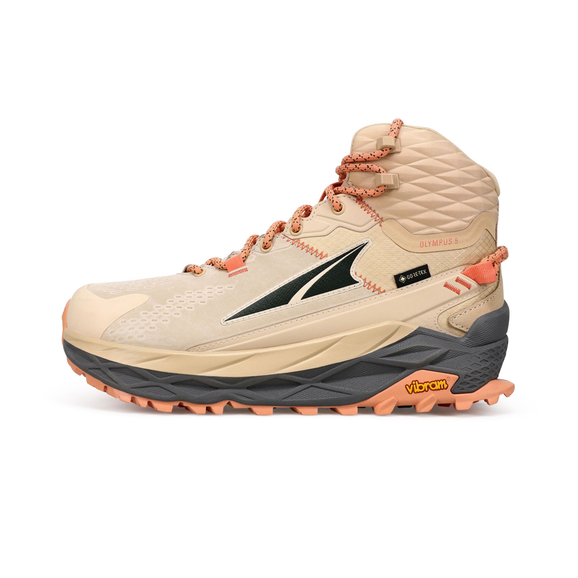 Light sand and brown hiking boots with a mid-top design, featuring a textured upper, orange laces, and a Vibram outsole for traction, size 7.5.