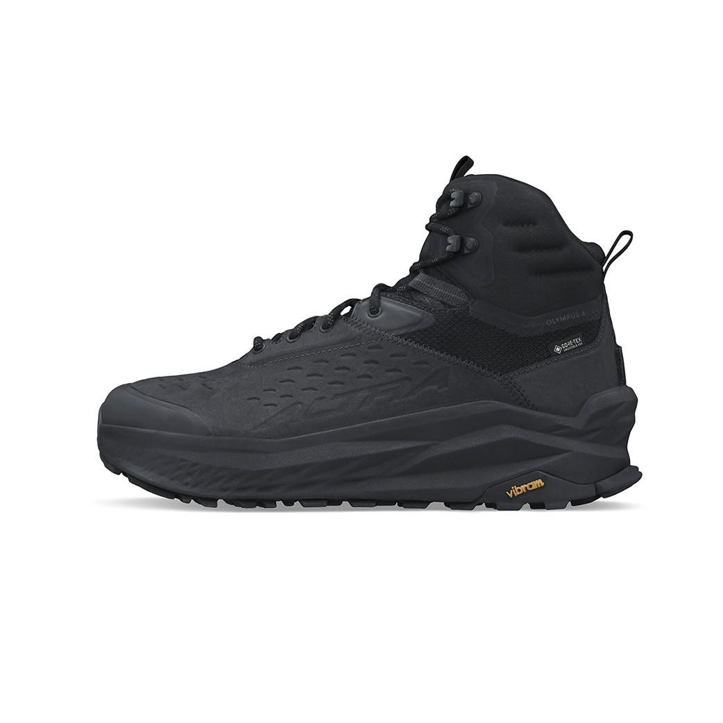 Grey Altra Olympus 6 Hike Mid 2 boots for men feature a high-top design, textured upper, lace closure, and Vibram outsole for enhanced traction.