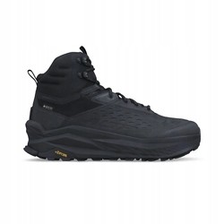 Men's Altra Olympus 6 Mid GTX hiking boots in black, featuring a waterproof design, high ankle support, textured upper, and rugged outsole for enhanced traction.