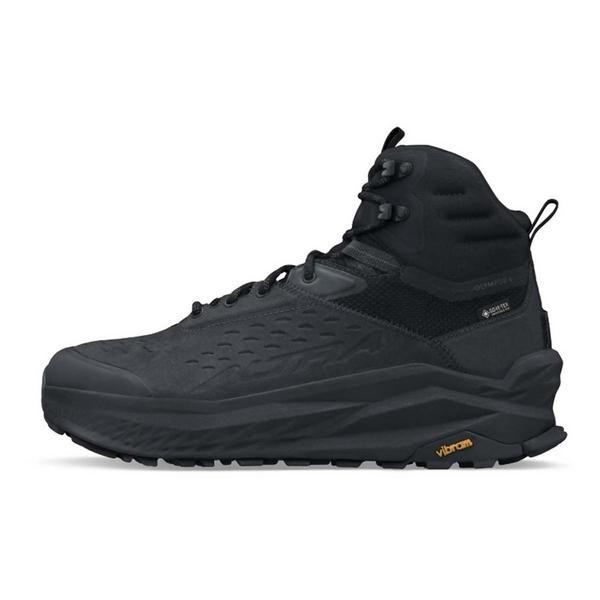 Grey Altra Olympus 6 Hike Mid 2 boots for men feature a high-top design, textured upper, reinforced toe cap, and Vibram outsole for enhanced traction.