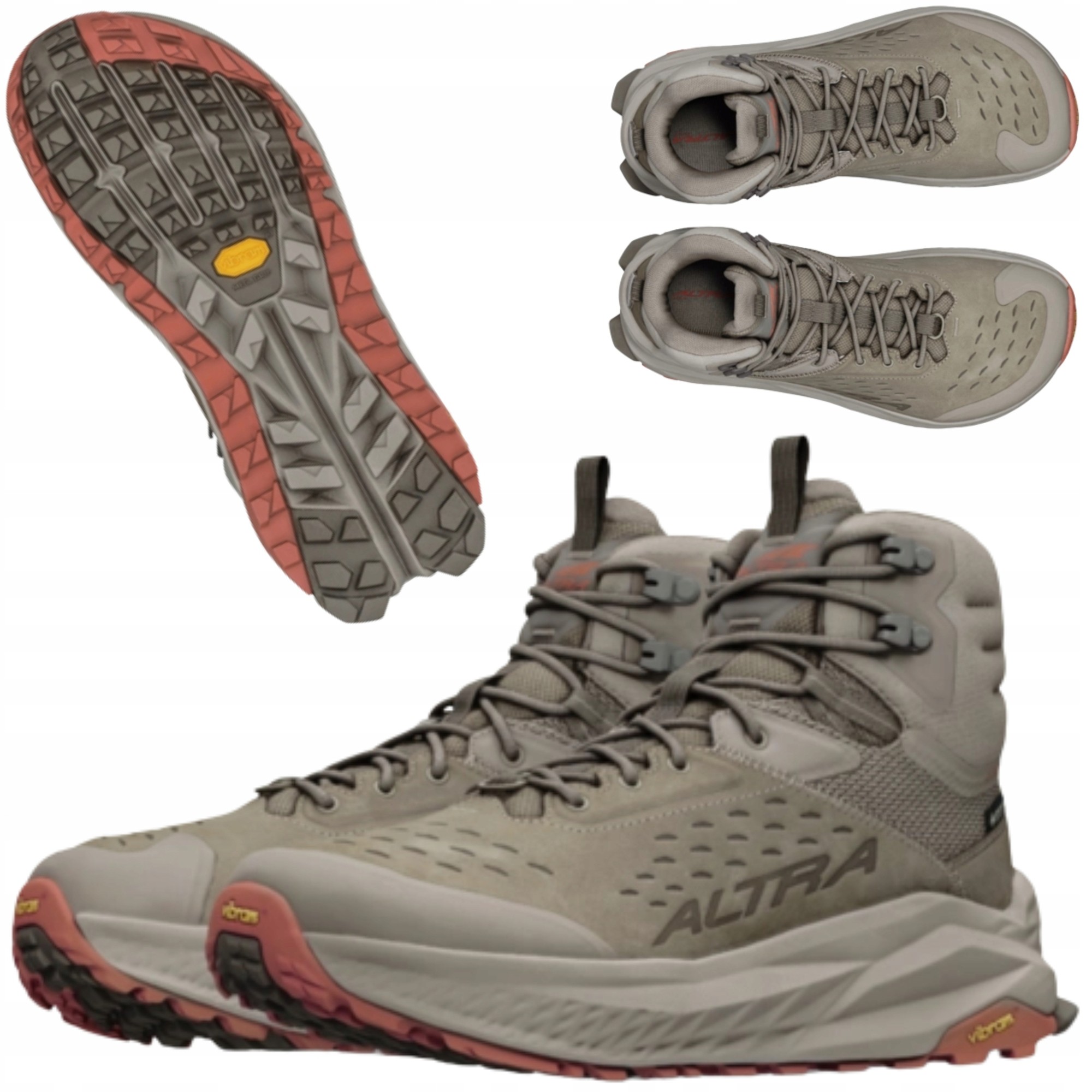Brown and green Altra Olympus 6 Hike Mid 2 GORE-TEX boots featuring a rugged Vibram outsole, breathable mesh upper, and mid-height design for ankle support, size 46.5.