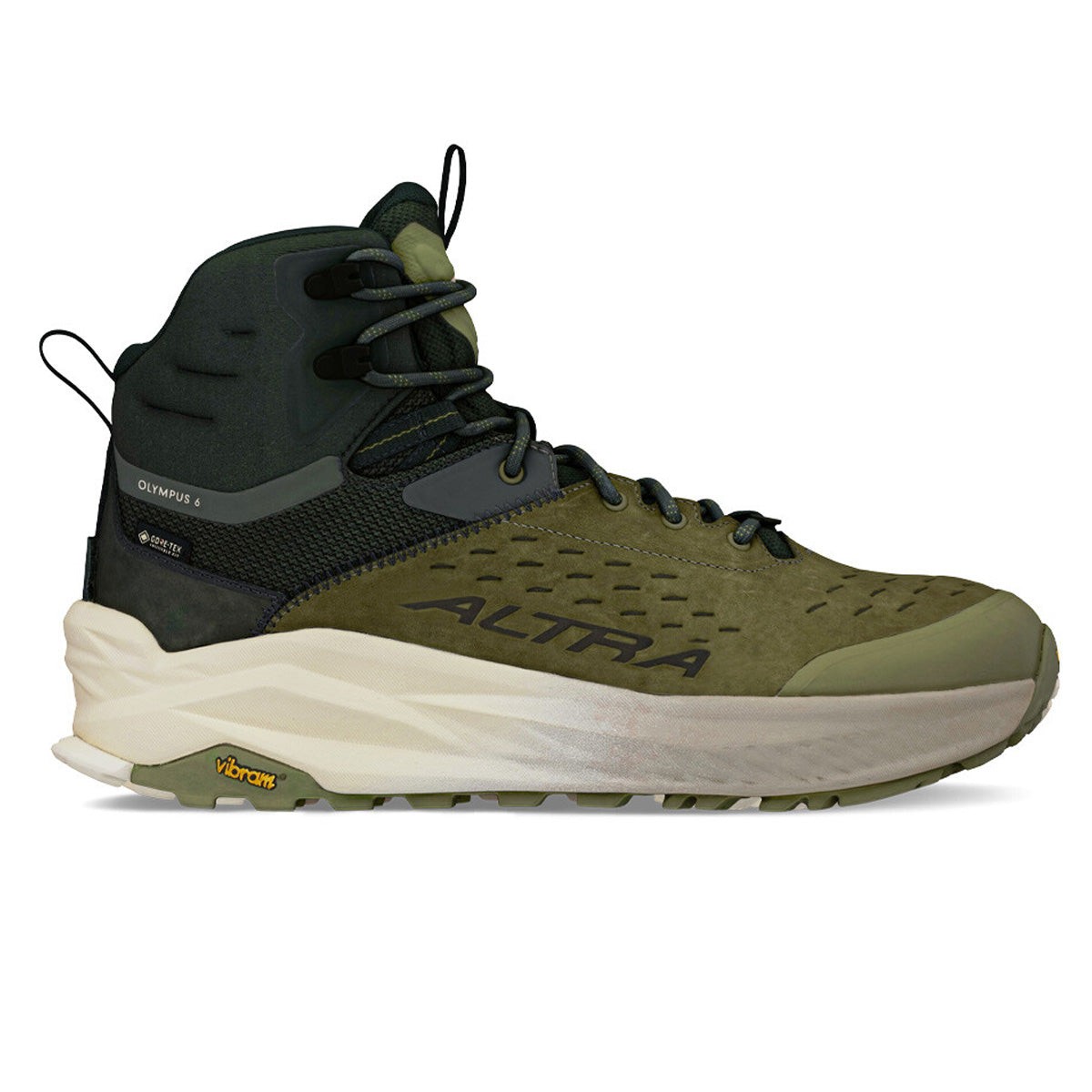 Dusty olive green hiking boot featuring a mid-height design, breathable mesh upper, and Vibram outsole for traction, with Altra branding on the side. Size 13, standard fit.