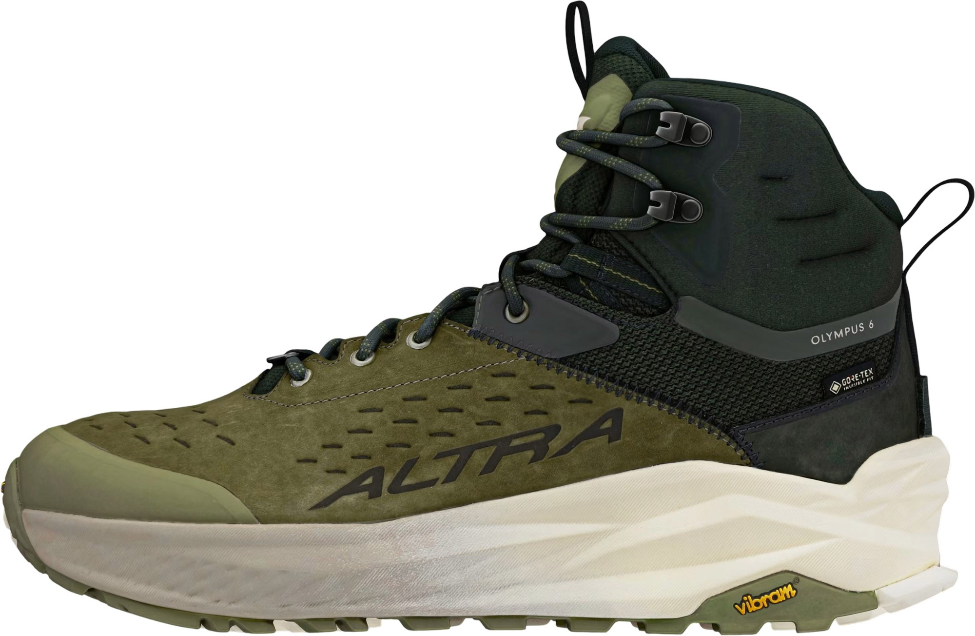 Dusty olive green hiking boots featuring a mid-top design, breathable mesh upper, cushioned sole, and Vibram outsole for traction, labeled "Altra Olympus 6."