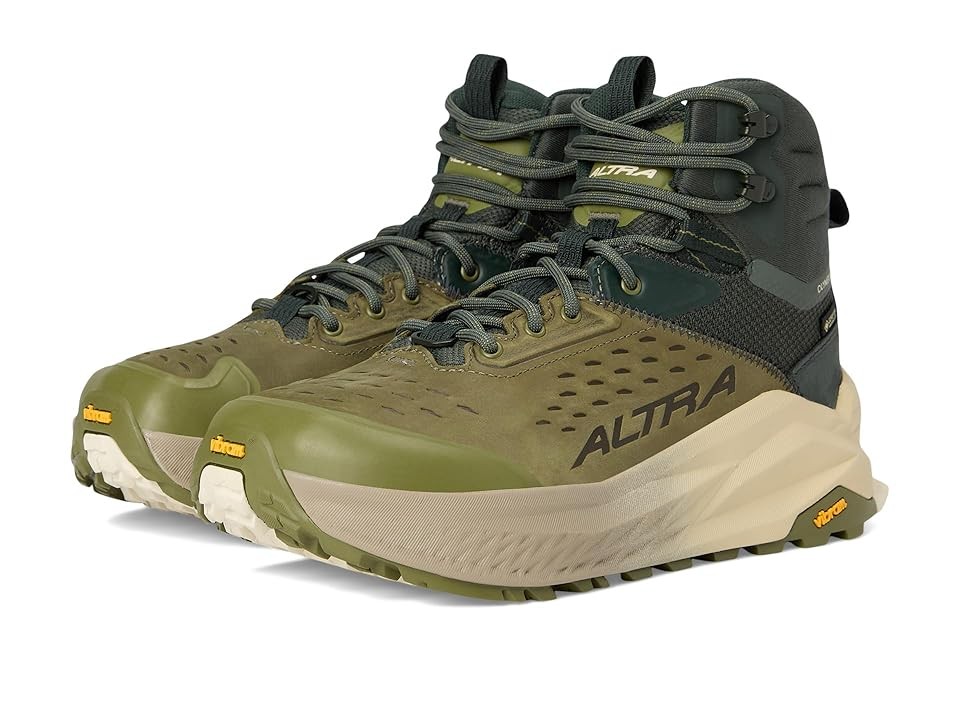 Dusty olive mid-cut hiking shoes featuring a leather upper, breathable mesh, and a rugged outsole for traction, designed for men in size 8 D - Medium.