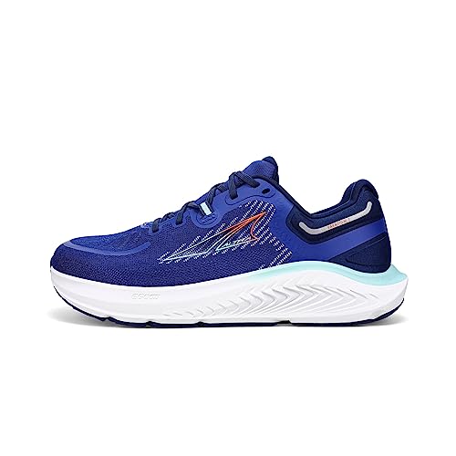 Men's Altra Paradigm 7 shoe in vibrant blue with a breathable mesh upper, cushioned white midsole, and colorful accents for enhanced visibility and support.
