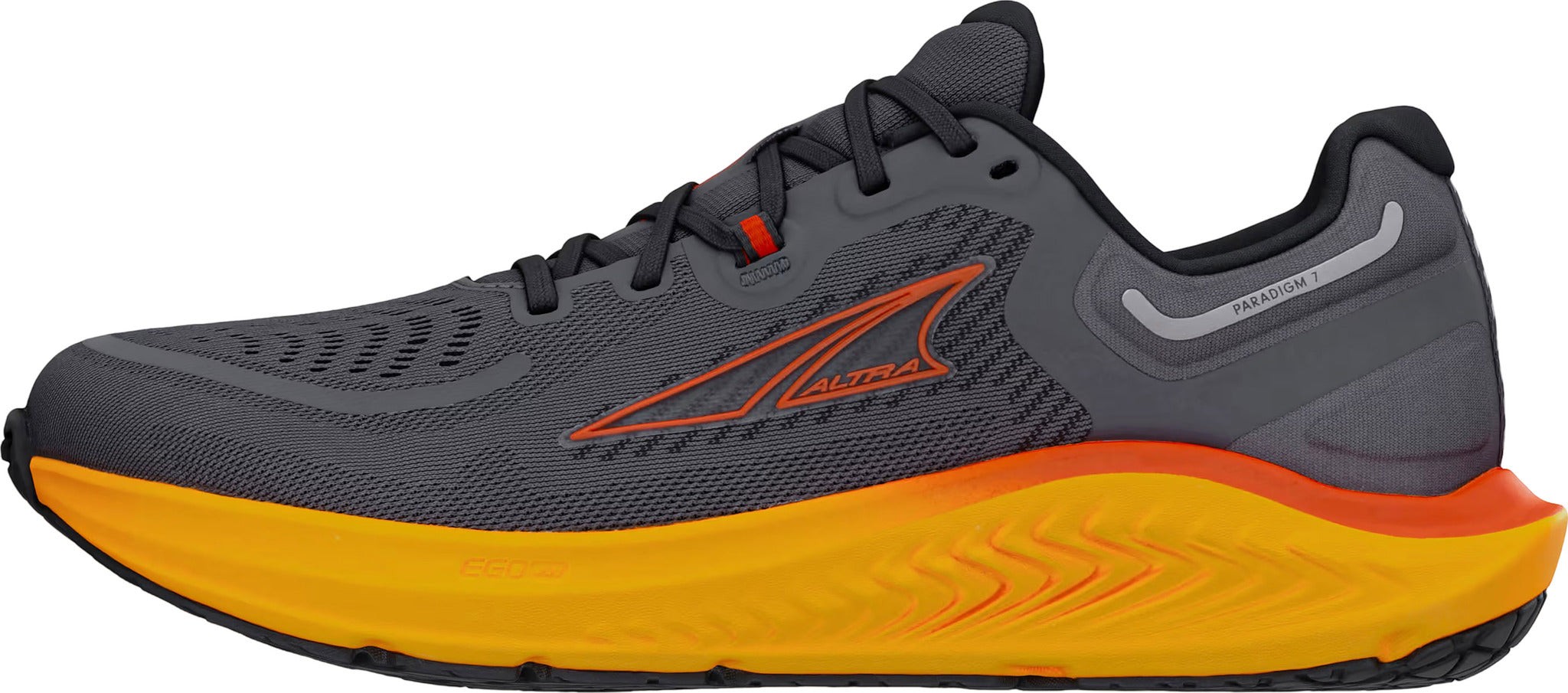 Gray and orange Altra Paradigm 7 men's running shoe featuring a breathable mesh upper, cushioned sole, and a distinctive logo on the side.