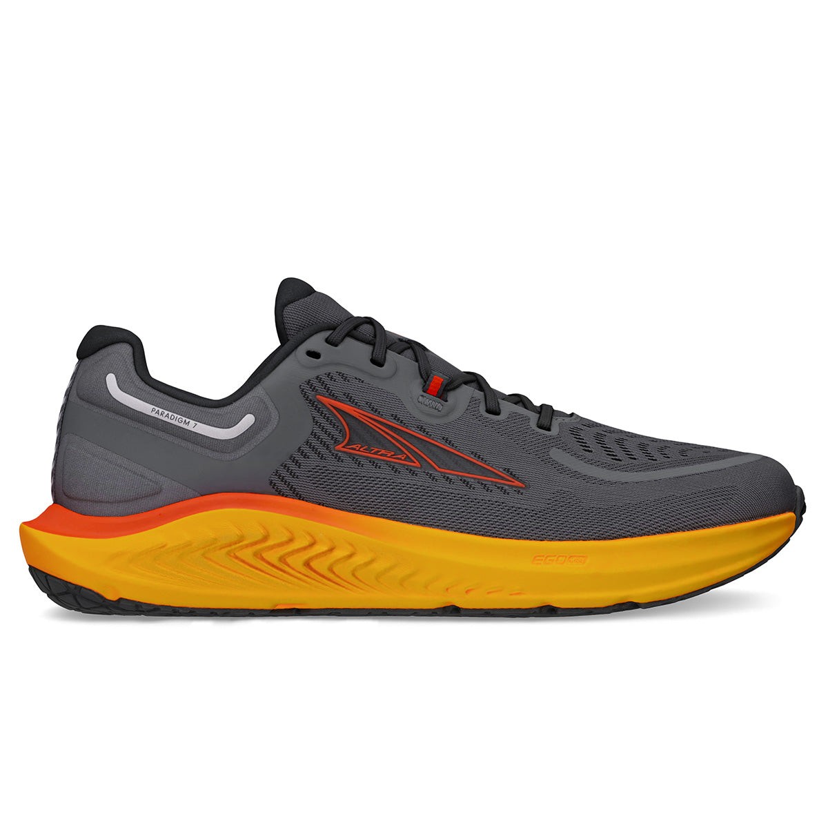 Gray and orange Altra Paradigm 7 men's running shoes featuring a breathable mesh upper, cushioned sole, and reflective detailing for visibility.